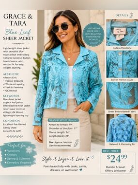Light Blue Leaf-Pattern Blazer Jacket